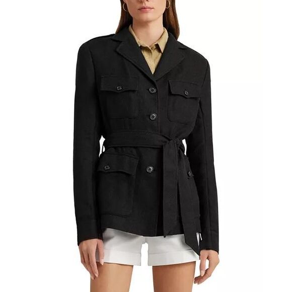 Lauren Ralph Lauren Black Belted Jacket Cotton Linen Herringbone New MSRP $365 - Picture 2 of 11